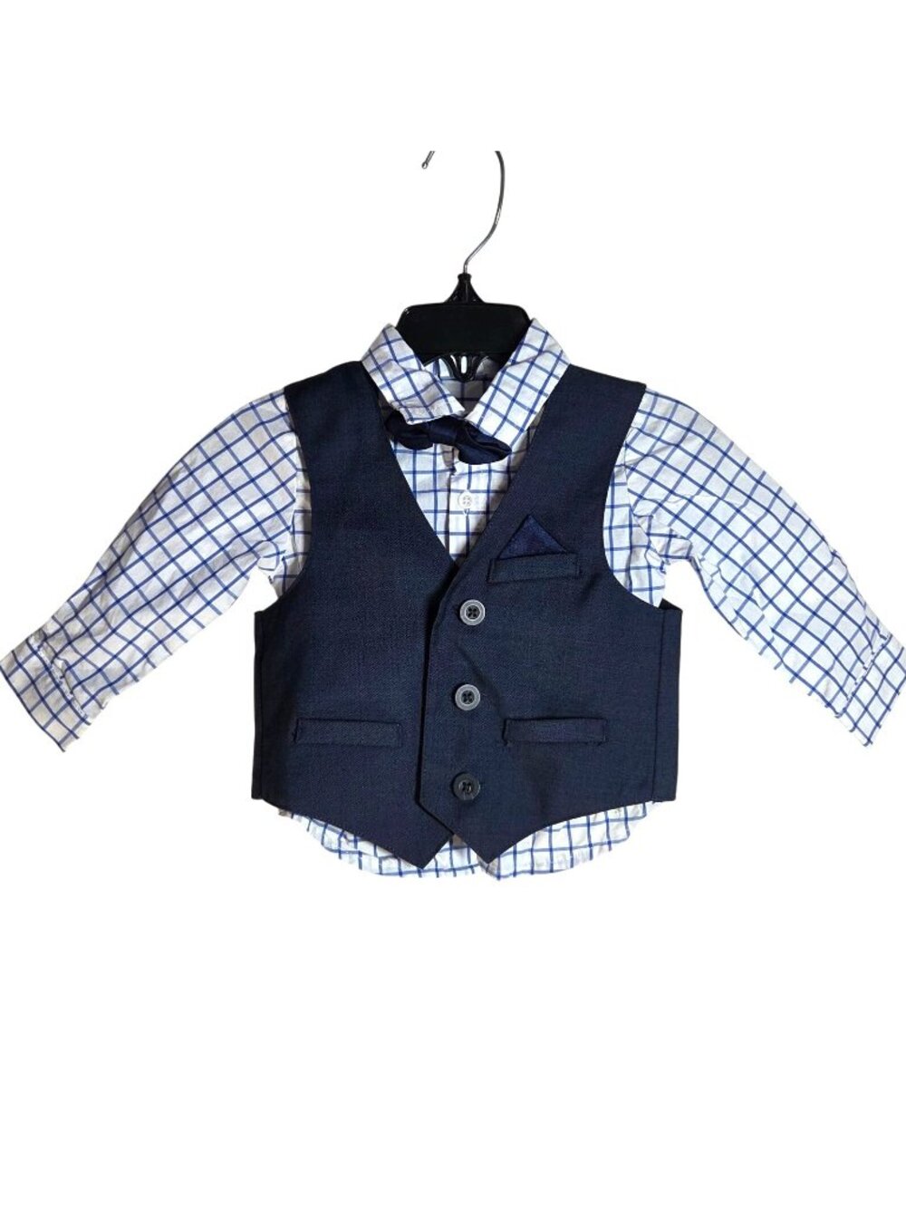 Edgehill Collection Baby Boy's Size 9M Formal Navy Plaid Shirt, Vest, Bowtie Set